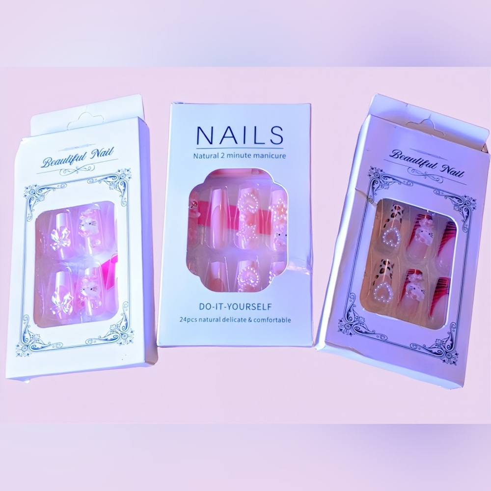 2 Hello Kitty Press-On Nails Sets - 24pcs Each- Cut Designs